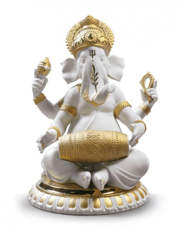 Lladro Mridangam Ganesha Figurine Golden Lustre